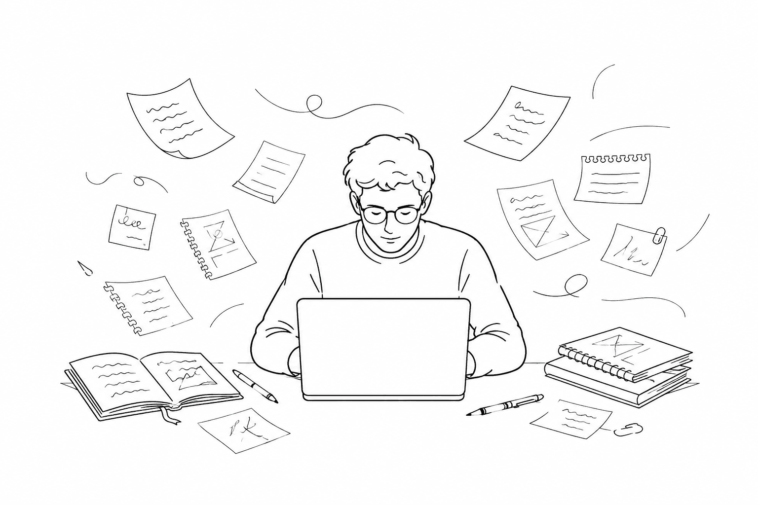 Editorial illustration of a person editing text on a laptop, with scattered notebook pages and pen sketches around them, suggesting a hands-on writing and editing process.