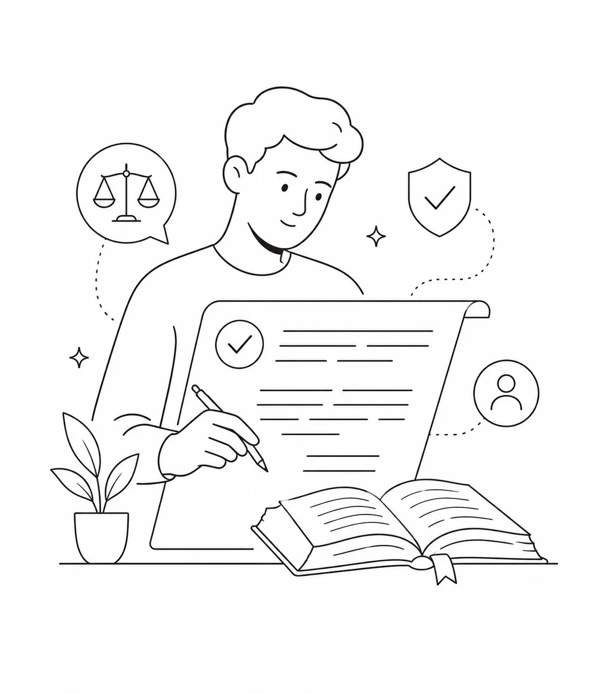 Editorial line illustration of a person at a desk, working thoughtfully with a notebook and laptop.